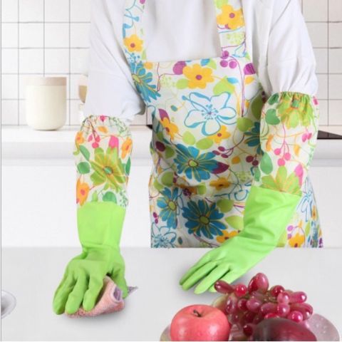 ถุงมือยางทำความสะอาด ลายดอกไม้ ถุงมือล้างจาน  คละสี